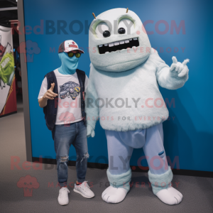 White Frankenstein'S Monster mascot costume character dressed with a Boyfriend Jeans and Beanies