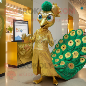 Gold Peacock maskot kostume...
