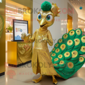 Gold Peacock mascot costume character dressed with a Trousers and Coin purses