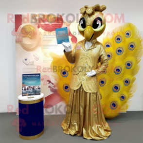 Gold Peacock mascot costume character dressed with a Trousers and Coin purses