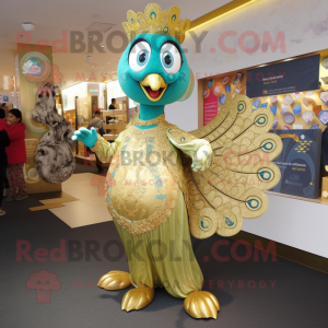 Gold Peacock mascot costume character dressed with a Trousers and Coin purses
