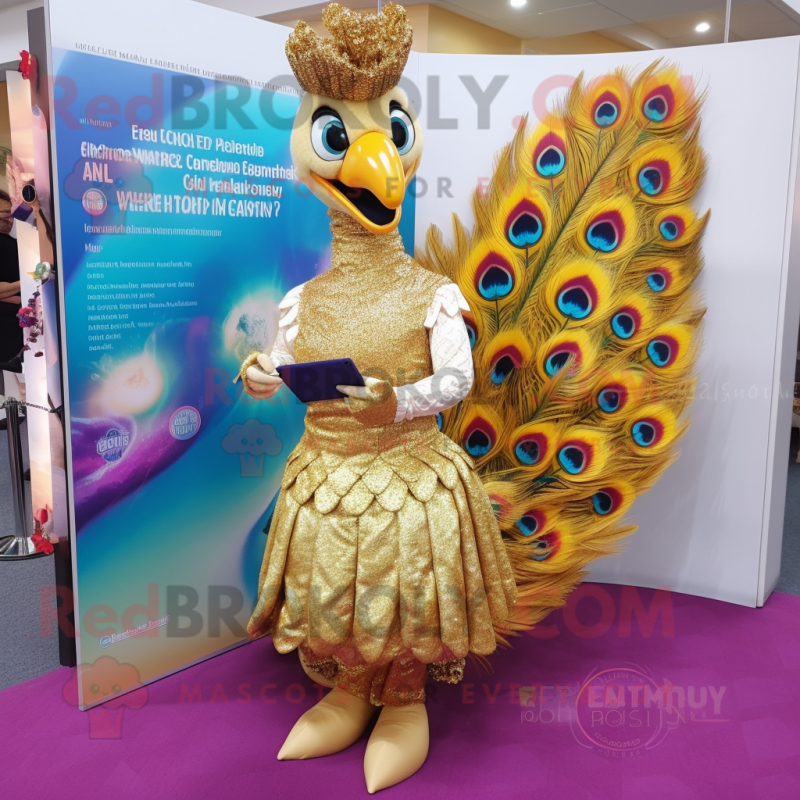 Gold Peacock mascot costume character dressed with a Trousers and Coin purses Gold Peacock mascot costume character dressed with a Trousers and Coin purses