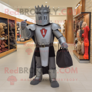 Gray Medieval Knight mascot costume character dressed with a Bodysuit and Tote bags
