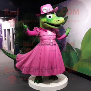 Magenta Crocodile mascot costume character dressed with a Pleated Skirt and Hat pins