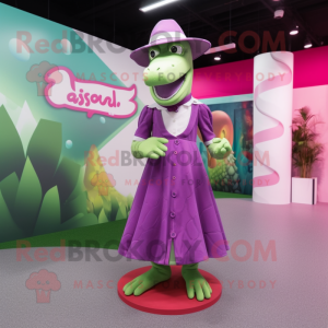Magenta Crocodile mascot costume character dressed with a Pleated Skirt and Hat pins