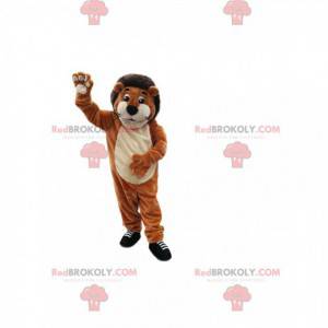 Mascotte leone marrone molto sorridente. Costume da leone -