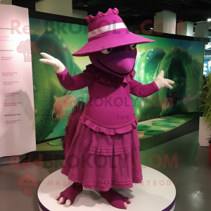 Magenta Crocodile mascot costume character dressed with a Pleated Skirt and Hat pins