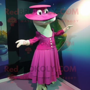 Magenta Crocodile mascot costume character dressed with a Pleated Skirt and Hat pins