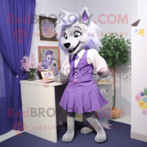 Lavender Wolf mascot costume character dressed with a Pencil Skirt and Pocket squares