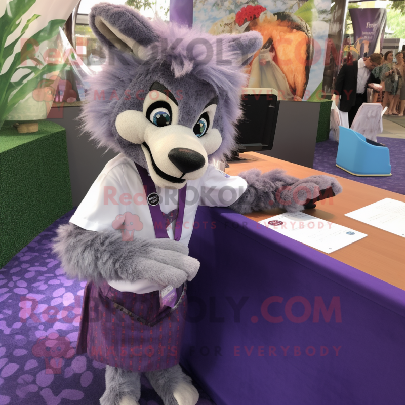 Lavender Wolf mascot costume character dressed with a Pencil Skirt and Pocket squares