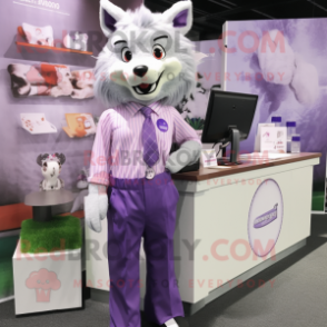 Lavender Wolf mascot costume character dressed with a Pencil Skirt and Pocket squares