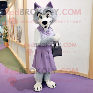 Lavender Wolf mascot costume character dressed with a Pencil Skirt and Pocket squares