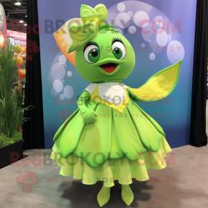 Lime Green Goldfish mascot costume character dressed with a Circle Skirt and Necklaces