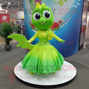 Lime Green Goldfish mascot costume character dressed with a Circle Skirt and Necklaces