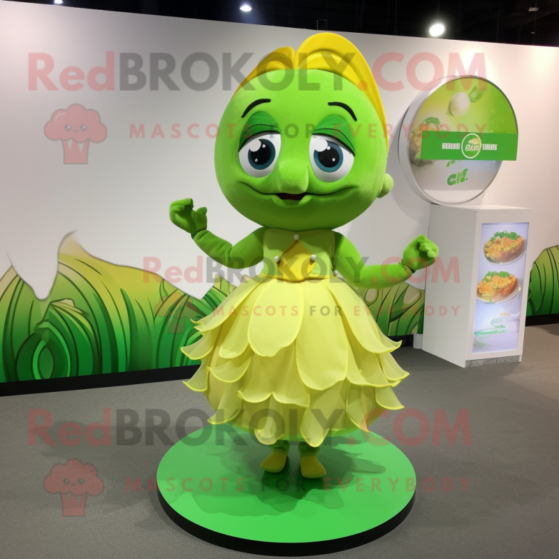 Lime Green Goldfish mascot costume character dressed with a Circle Skirt and Necklaces