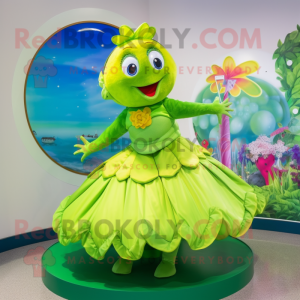 Lime Green Goldfish mascot costume character dressed with a Circle Skirt and Necklaces