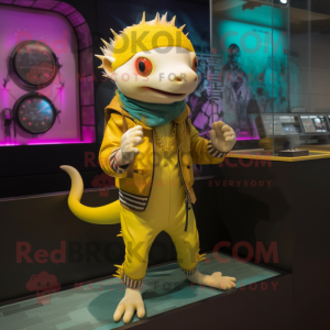 Yellow Axolotls mascot costume character dressed with a Leather Jacket and Bracelet watches