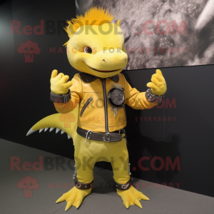 Yellow Axolotls mascot costume character dressed with a Leather Jacket and Bracelet watches