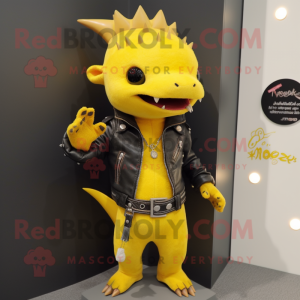 Yellow Axolotls mascot costume character dressed with a Leather Jacket and Bracelet watches