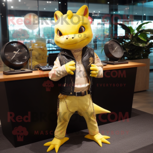 Yellow Axolotls mascot costume character dressed with a Leather Jacket and Bracelet watches