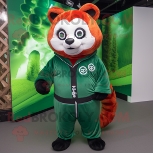 Green Red Panda mascot costume character dressed with a Jumpsuit and Wraps