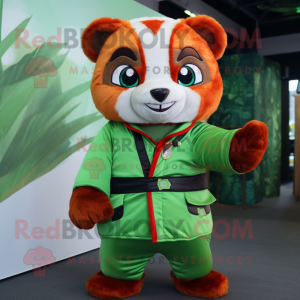 Green Red Panda mascot costume character dressed with a Jumpsuit and Wraps