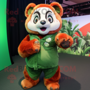 Green Red Panda mascot costume character dressed with a Jumpsuit and Wraps