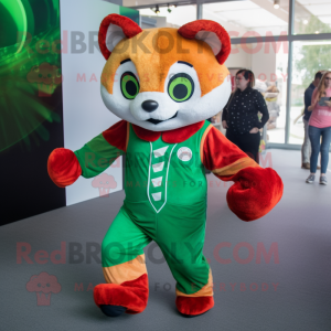 Green Red Panda mascot costume character dressed with a Jumpsuit and Wraps