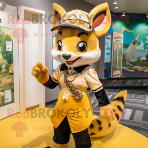 Gold Civet mascot costume character dressed with a Mini Skirt and Beanies