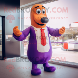 Purple Hot Dog mascot costume character dressed with a Suit and Cufflinks