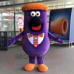 Purple Hot Dog mascot costume character dressed with a Suit and Cufflinks