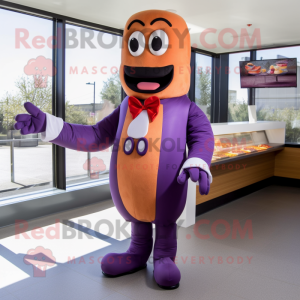Purple Hot Dog mascot costume character dressed with a Suit and Cufflinks