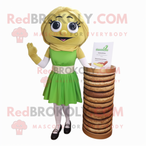 Olive Croissant mascot costume character dressed with a Pencil Skirt and Bracelets