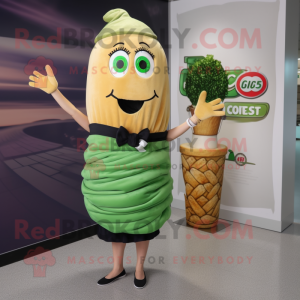 Olive Croissant mascot costume character dressed with a Pencil Skirt and Bracelets