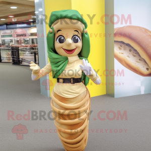 Olive Croissant mascot costume character dressed with a Pencil Skirt and Bracelets