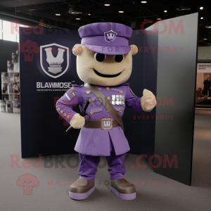 Purple Commando mascot costume character dressed with a Vest and Pocket squares
