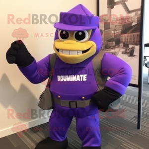 Purple Commando mascot costume character dressed with a Vest and Pocket squares