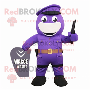 Purple Commando mascot costume character dressed with a Vest and Pocket squares