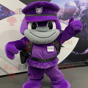 Purple Commando mascot costume character dressed with a Vest and Pocket squares