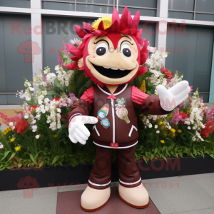 Maroon Bouquet Of Flowers mascot costume character dressed with a Jacket and Necklaces