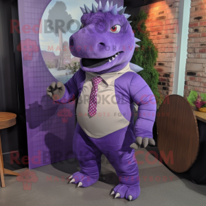 Purple Ankylosaurus mascot costume character dressed with a Dress Pants and Suspenders