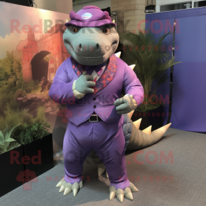 Purple Ankylosaurus mascot costume character dressed with a Dress Pants and Suspenders