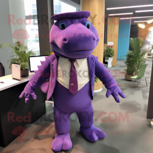 Purple Ankylosaurus mascot costume character dressed with a Dress Pants and Suspenders