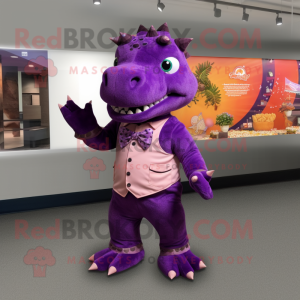 Purple Ankylosaurus mascot costume character dressed with a Dress Pants and Suspenders