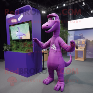 Purple Brachiosaurus mascot costume character dressed with a Playsuit and Caps