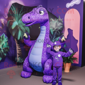 Purple Brachiosaurus mascot costume character dressed with a Playsuit and Caps