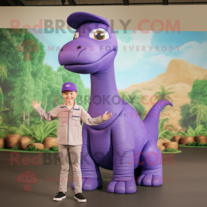 Purple Brachiosaurus mascot costume character dressed with a Playsuit and Caps