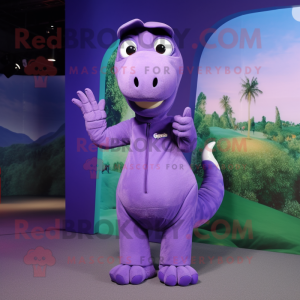 Purple Brachiosaurus mascot costume character dressed with a Playsuit and Caps