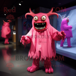 Pink Demon mascot costume character dressed with a Raincoat and Brooches