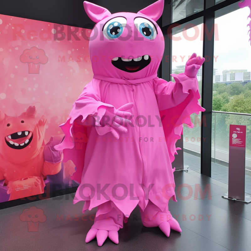 Pink Demon mascot costume character dressed with a Raincoat and Brooches Pink Demon mascot costume character dressed with a Raincoat and Brooches